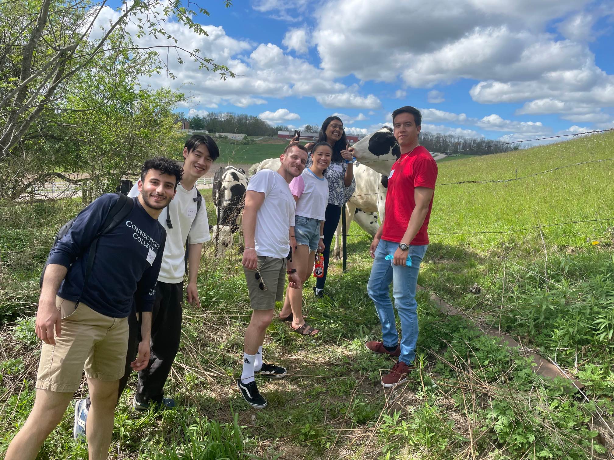  UConn students posing with cow on campus